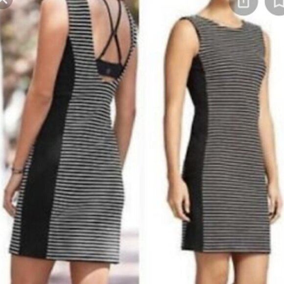 Athleta Dress Bodycon Scopp Neck Tank Stripes Black White XS Outdoor Activewear - Picture 2 of 10